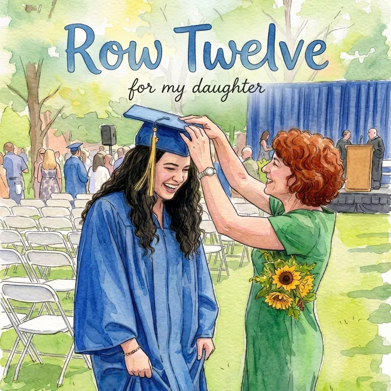 Cover photo for the song “Row Twelve”, for my daughter: a mother straightening her daughter’s crooked graduation cap on a sunny lawn