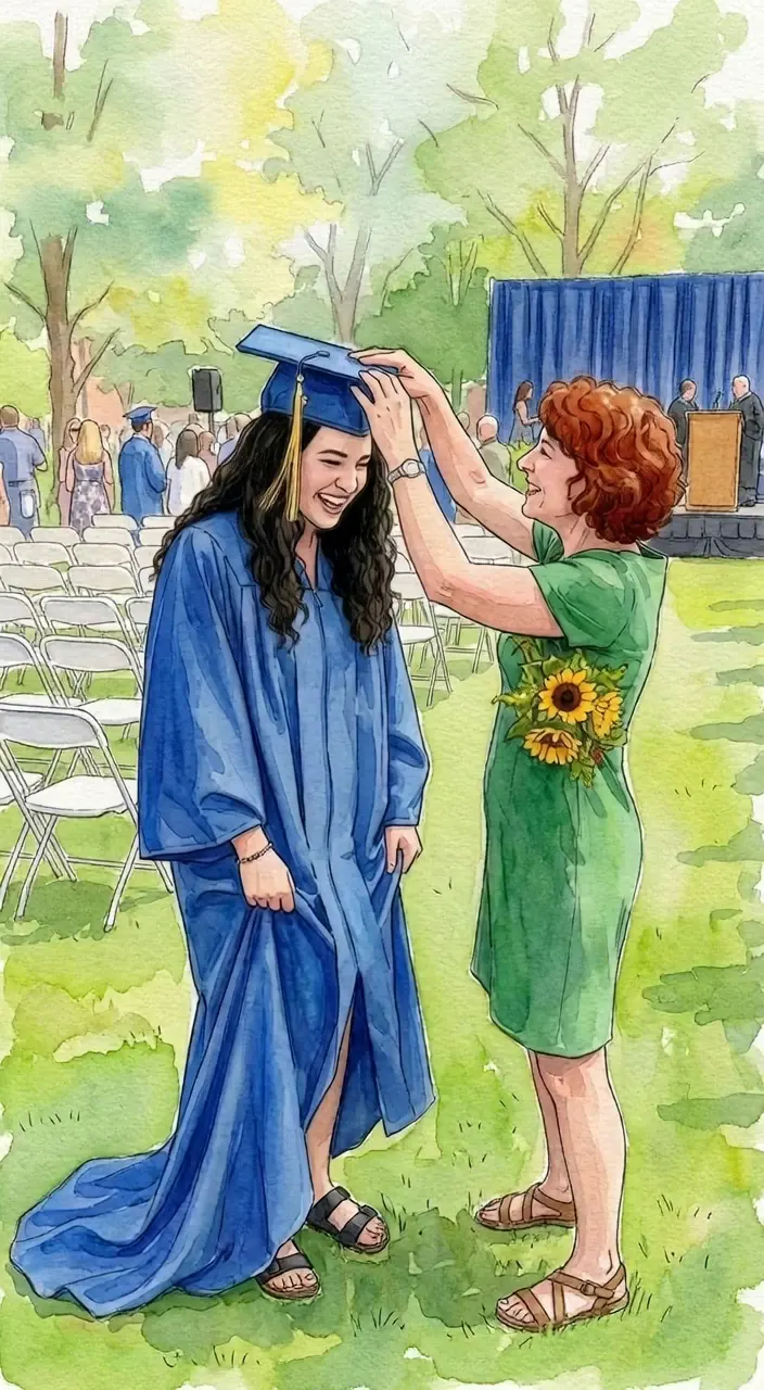 Watercolor style: a mother straightening her daughter’s crooked graduation cap