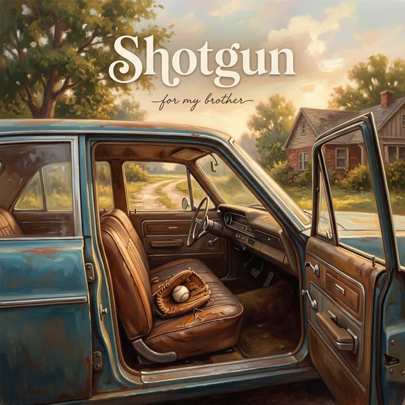 Cover photo for the song “Shotgun”, for my brother: the front passenger seat of an old car with a baseball glove and ball on it