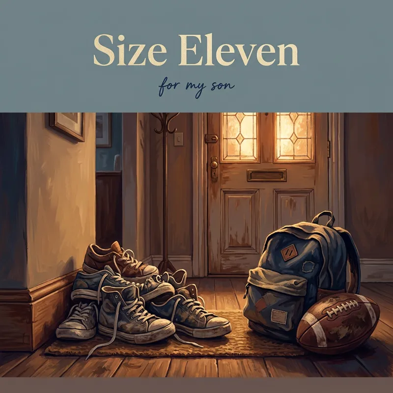 Cover photo for the song “Size Eleven”, for my son: a pile of big sneakers, a backpack and a football by a front door