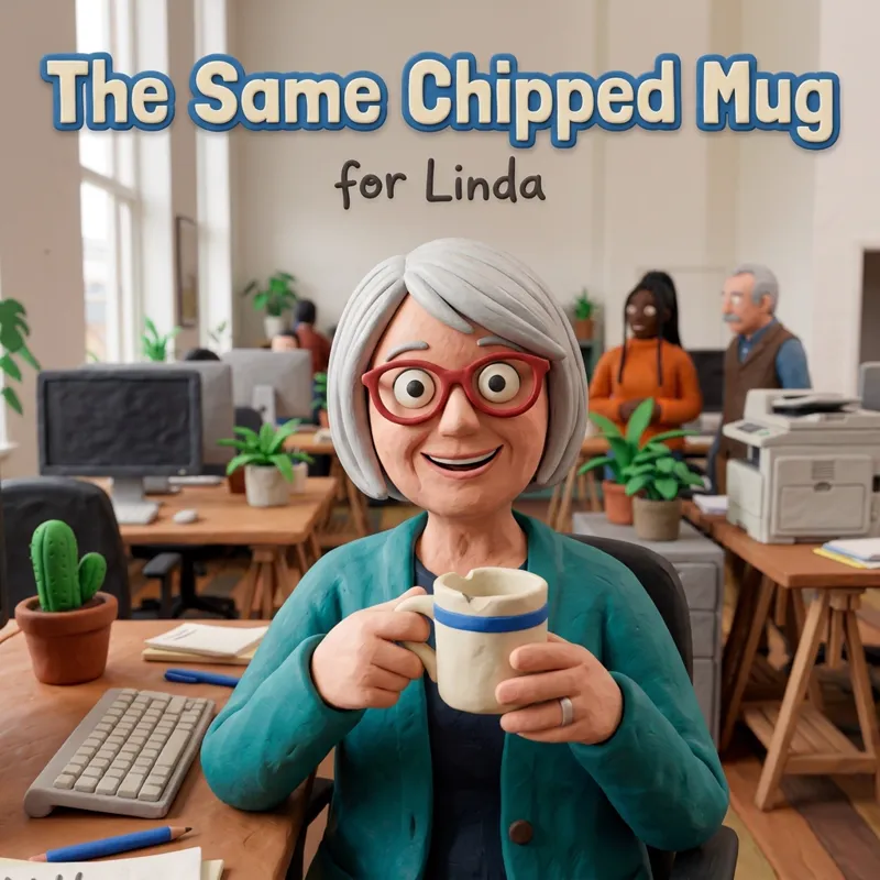 Cover photo for the song “The Same Chipped Mug”, for Linda: a silver-haired woman at her office desk holding a chipped mug
