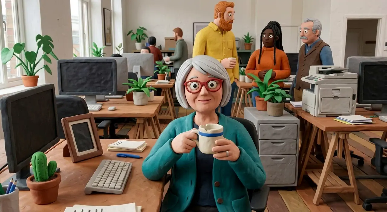 Claymation style: a silver-haired woman at her desk holding a chipped mug