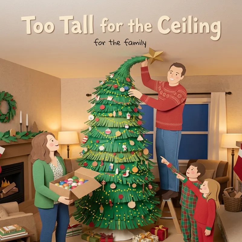 Cover photo for the song “Too Tall for the Ceiling”, for the family: a family decorating a Christmas tree that bends against the ceiling