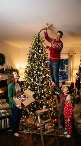 Photo 3: Dad on a ladder pressing the star against the ceiling