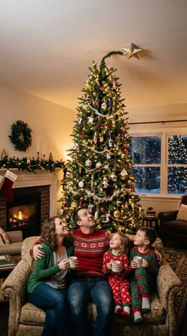 Photo 4: the family on the sofa with cocoa, looking up at the lit tree