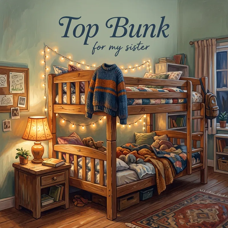 Cover photo for the song “Top Bunk”, for my sister: a bunk bed in a shared childhood bedroom with fairy lights and a sweater over the rail