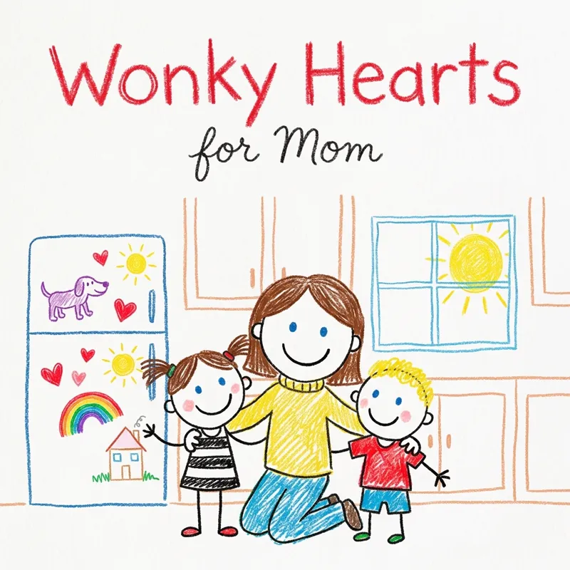 Cover photo for the song “Wonky Hearts”, for Mom: a mom hugging her two children in front of a fridge covered in their drawings