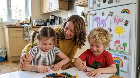 Photo 3: the children drawing at the kitchen table with Mom