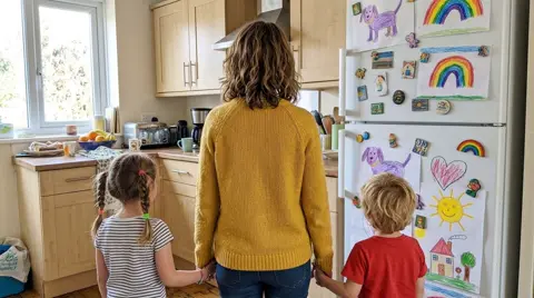 Photo 4: Mom and the children holding hands, looking at the fridge full of drawings