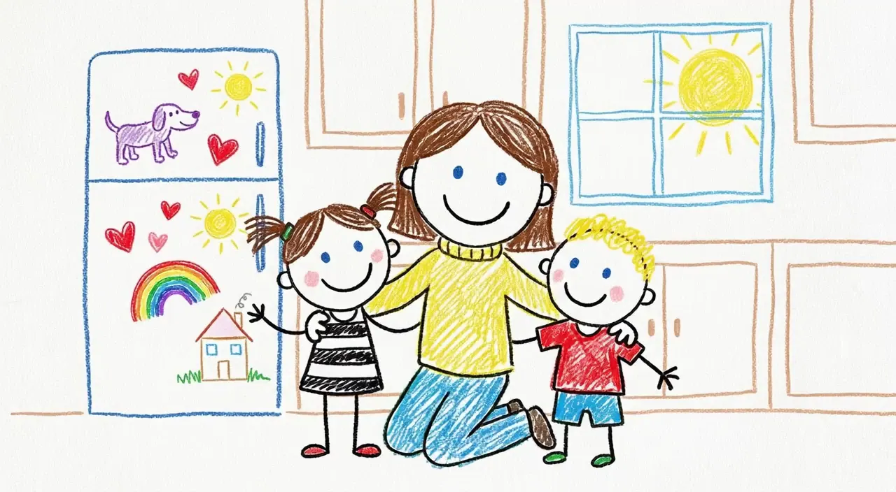 Crayon drawing style: Mom hugging her two children in front of the fridge