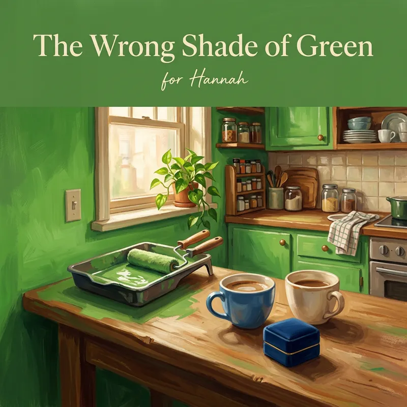 Cover photo for the song “The Wrong Shade of Green”, for Hannah: a bright green kitchen with paint rollers, two coffee cups and a small ring box on the counter